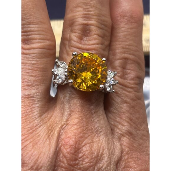 Citrine Ring 14mm Cubic Zirconia & Accent Stones Silver-Tone Band Exquisite - Picture 11 of 12